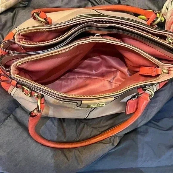 Coach Madison Coral Colorblock Leather Parchment Kara Carryall Tote Bag - Picture 7 of 8